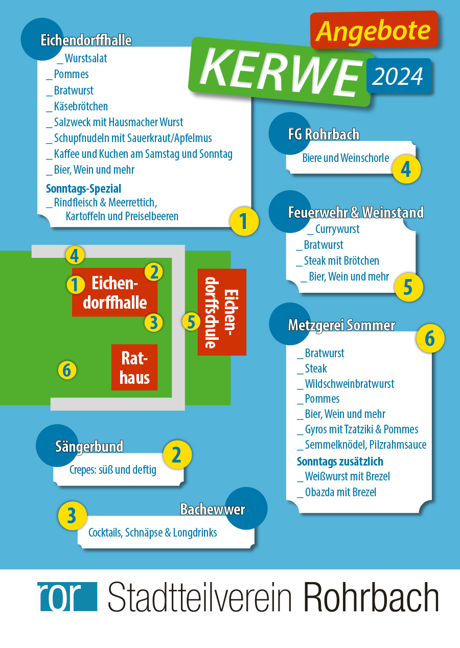 Angebote auf der Kerwe: Getränke und Speisen in und um die Eichendorffhalle, vor der Eichendorffschule und bei der Metzgerei Sommer)