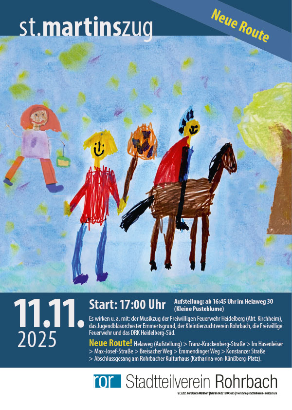 Plakat zum Martinszug mit einem von Kindern gemalten Bild: Pferd mit St. Martin, zwei Kinder mit Laternen
