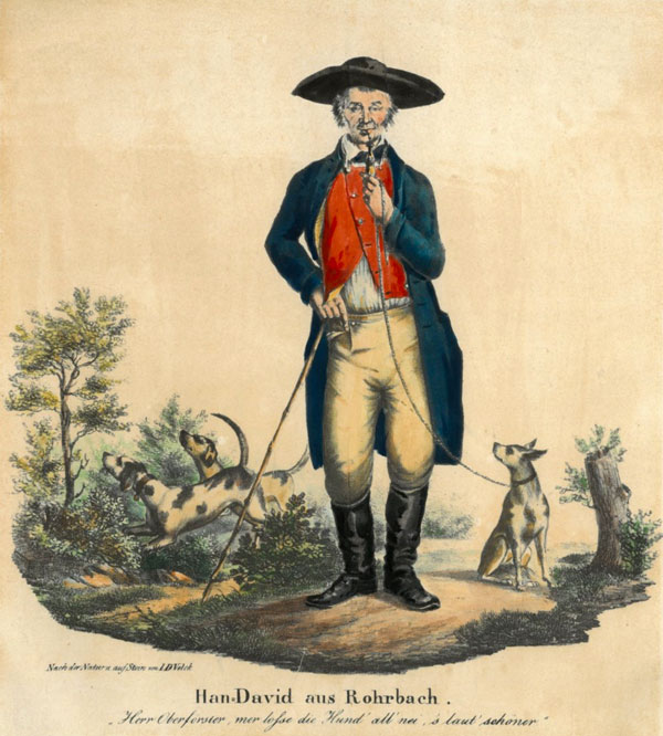 Karikatur (ca. 1840): "Han-David aus Rohrbach. Herr Oberförster, mer losse die Hund' all' nei, 's laut' schöner". Der Oberförster mit Pfeife und seinen drei Hunden.