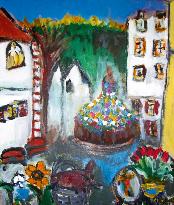 Gemälde: Ostermarkt am Alten Rathaus mit groben Pinselstrichen und kräftigen Farben.